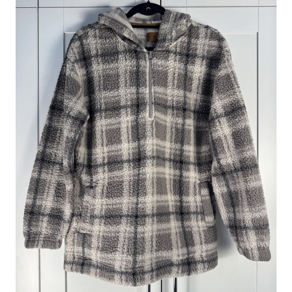 Koolaburra by UGG Sherpa Pullover Hoodie Women M Gray Plaid Cozy Fleece Jacket